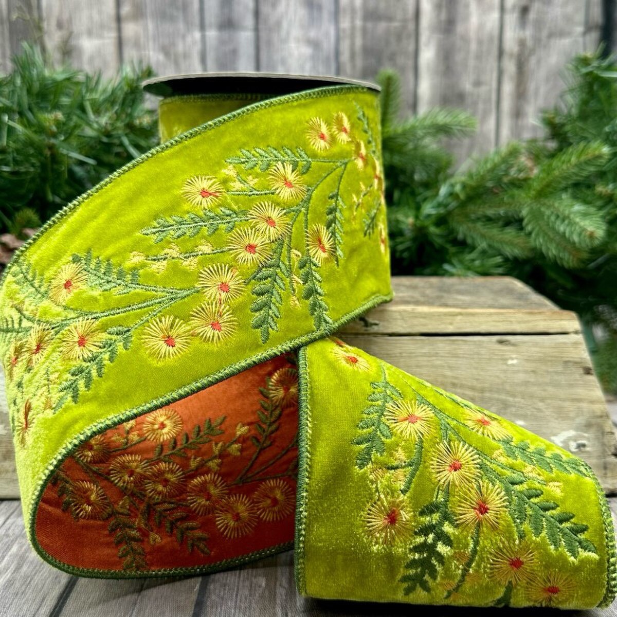 Yellow Aster Faux Velvet Embroidery Ribbon 4" x 5 Yds