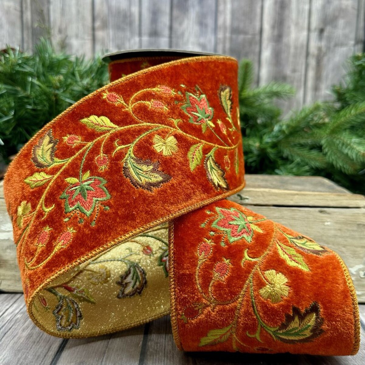 Faux Velvet Ribbon Terra Cotta with Autumn Leaves 4" x 5 Yds