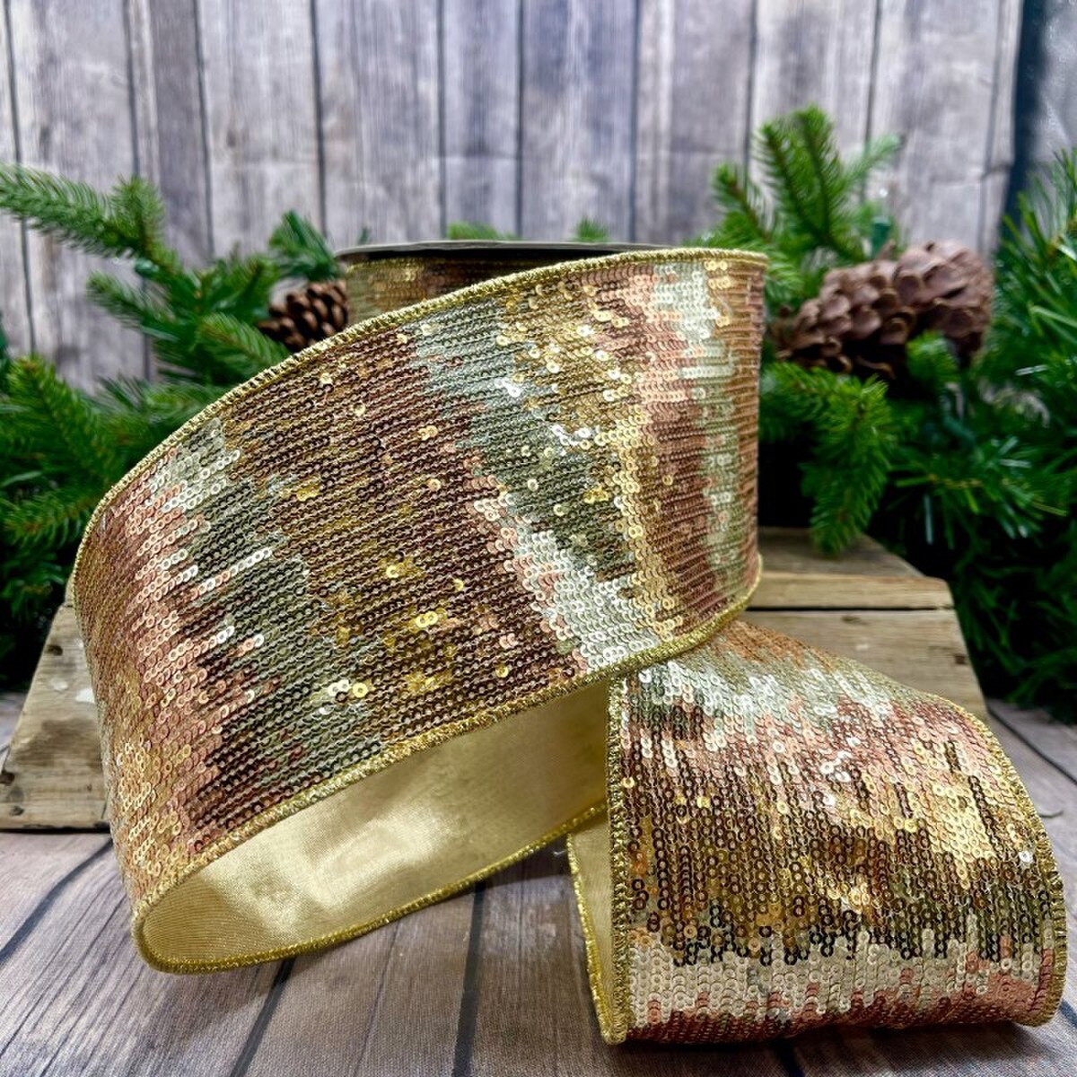 Gold Pink Platinum Sequin Stripes Ribbon 4" x 10 Yds