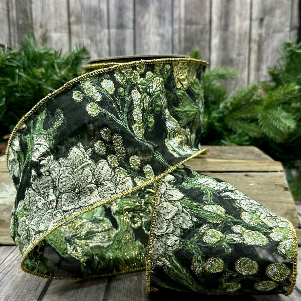 Green Jacquard Sheer Metallic Floral Ribbon 4" x 10 Yds