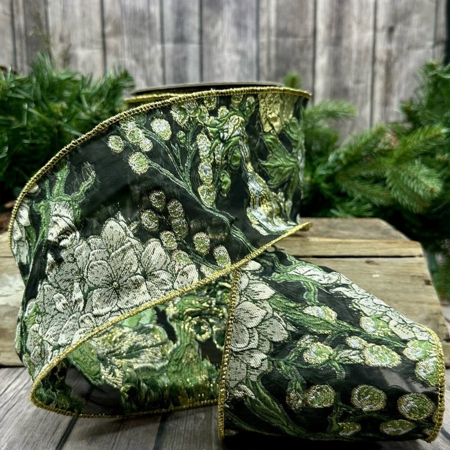 Green Jacquard Sheer Metallic Floral Ribbon 4" x 10 Yds