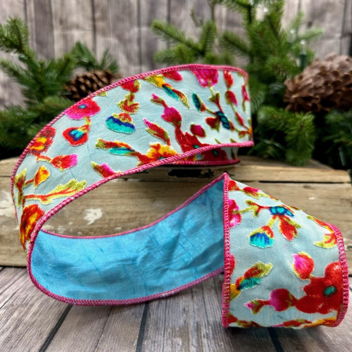 Burn Out Velvet Floral Ribbon Hot Pink Yellow Teal 2.5" x 10 Yds