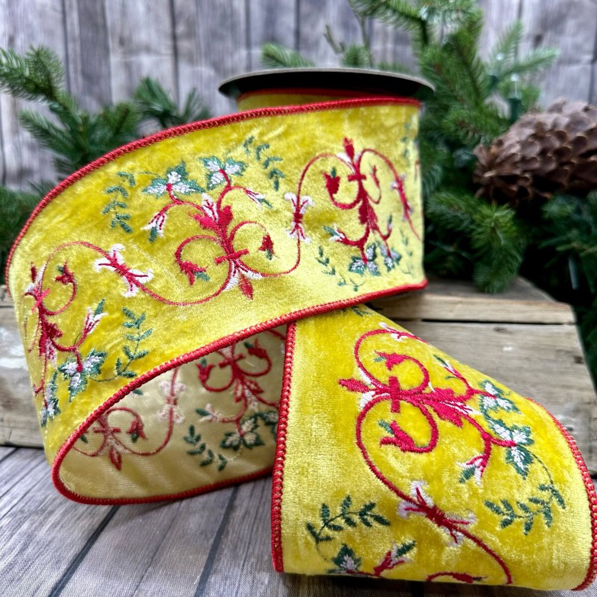 Velvet Embroidery Ribbon Red Pink Floral 4 Inch x 5 Yards