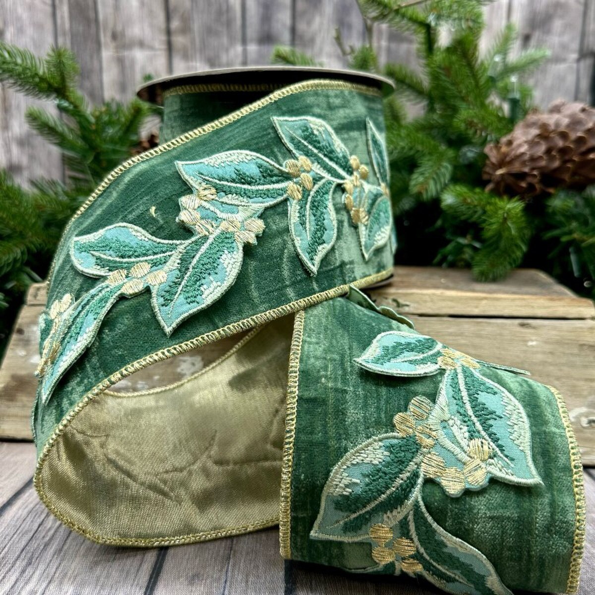 Cottage Green Velvet Embroidery Ribbon 4" x 5 Yds