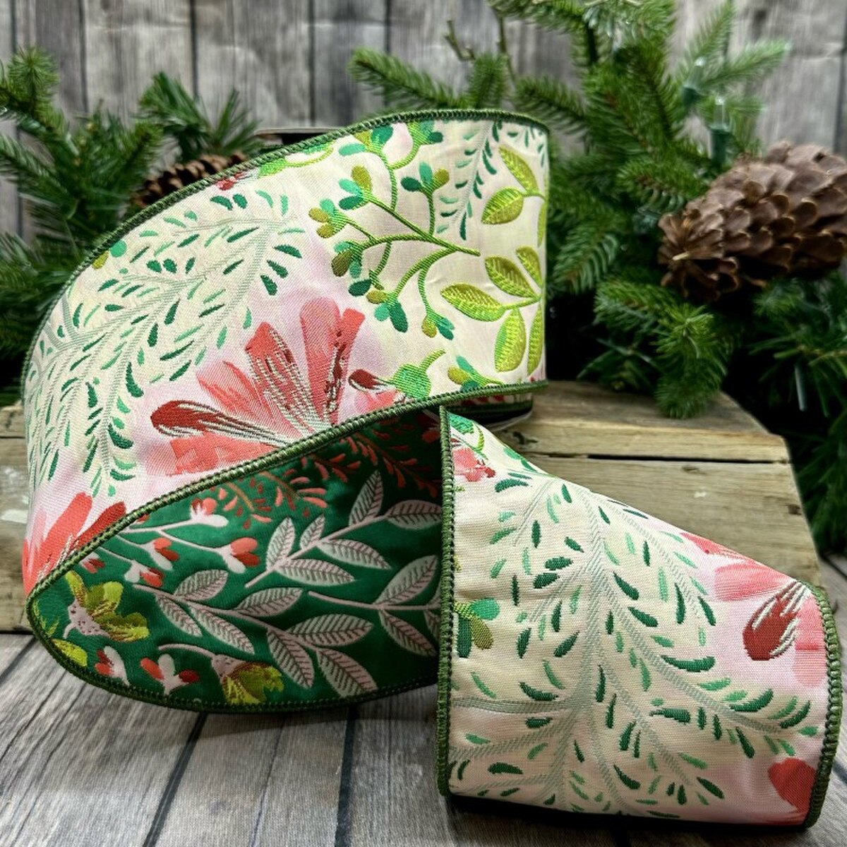 Garden Floral Jacquard Ribbon Pink Green 4 Inch x 10 Yards