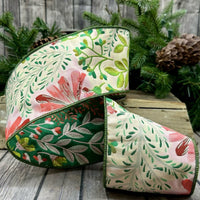 Garden Floral Jacquard Ribbon Pink Green 4 Inch x 10 Yards
