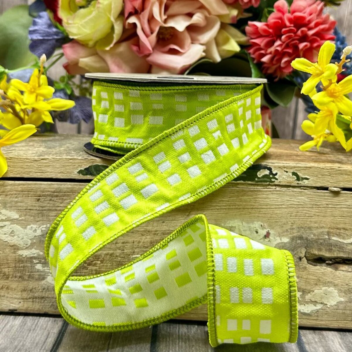 Lime Green Jacquard Squares Ribbon 1.5" X 10 Yds