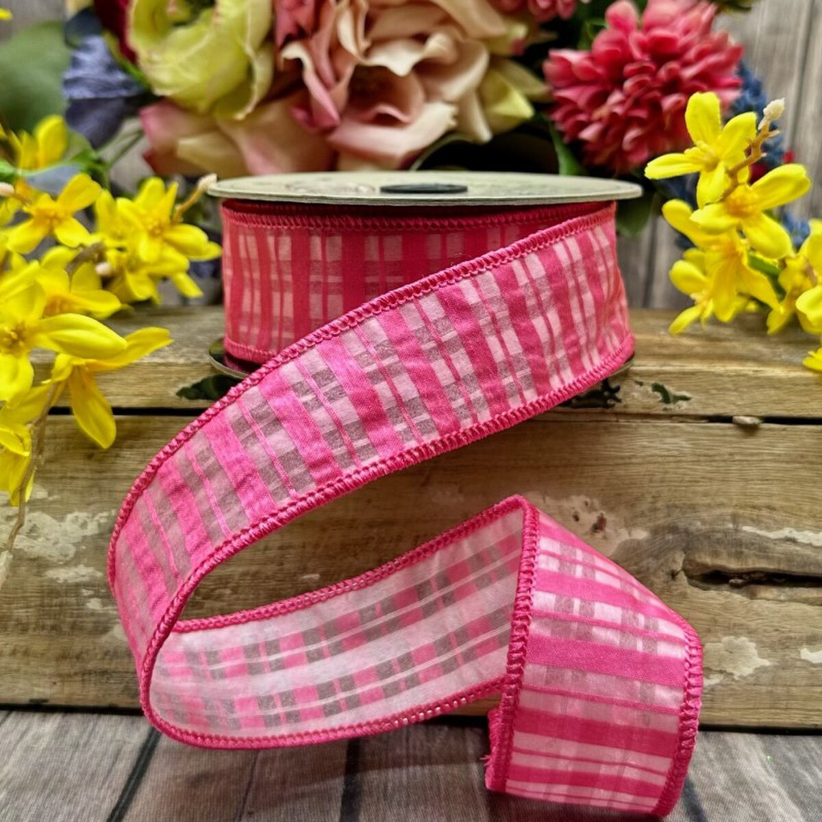 Hot Pink Chiffon Satin Plaid Ribbon 1.5 Inch x 10 Yards