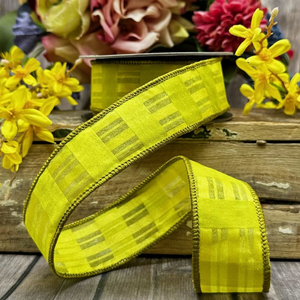 Lime Green Chiffon Satin Plaid Ribbon 1.5 Inch x 10 Yds