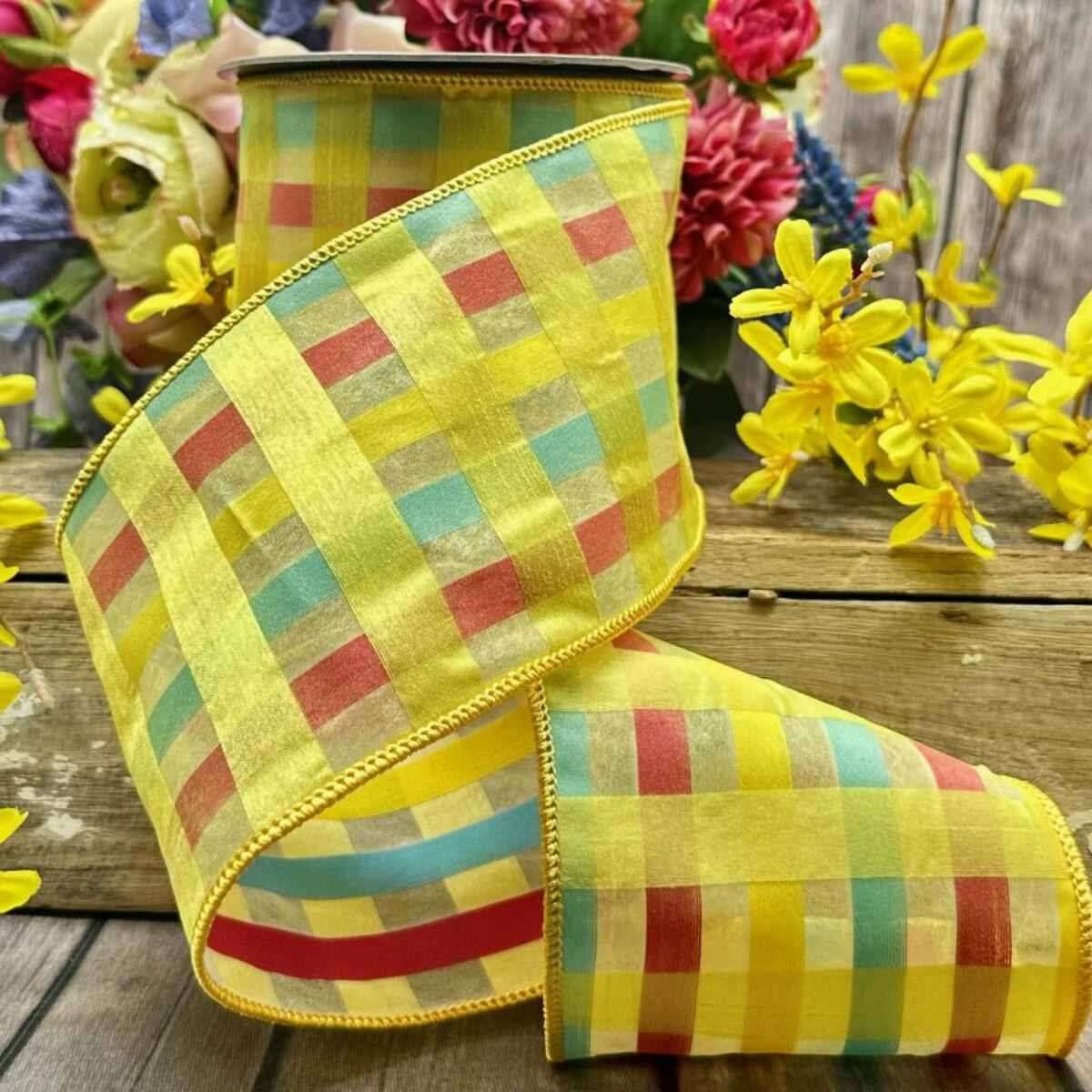 Plaid Chiffon Satin Ribbon Yellow Hot Pink Teal 4" x 10 Yds