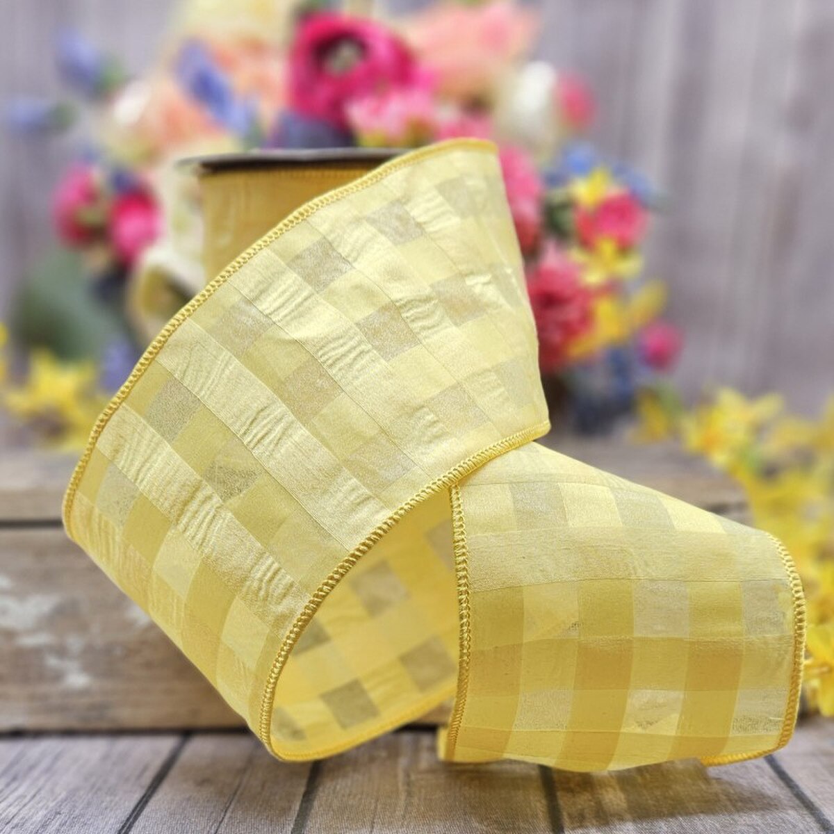 Yellow Chiffon Satin Window Pane Ribbon 4 Inch x 10 Yards