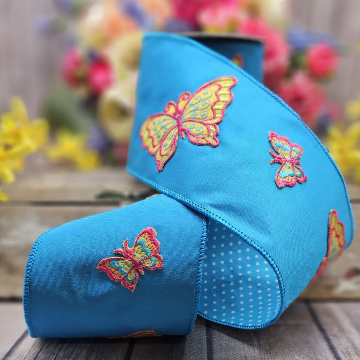 Dupion Embroidery Ribbon Teal Blue Hot Pink 4" x 5 Yds