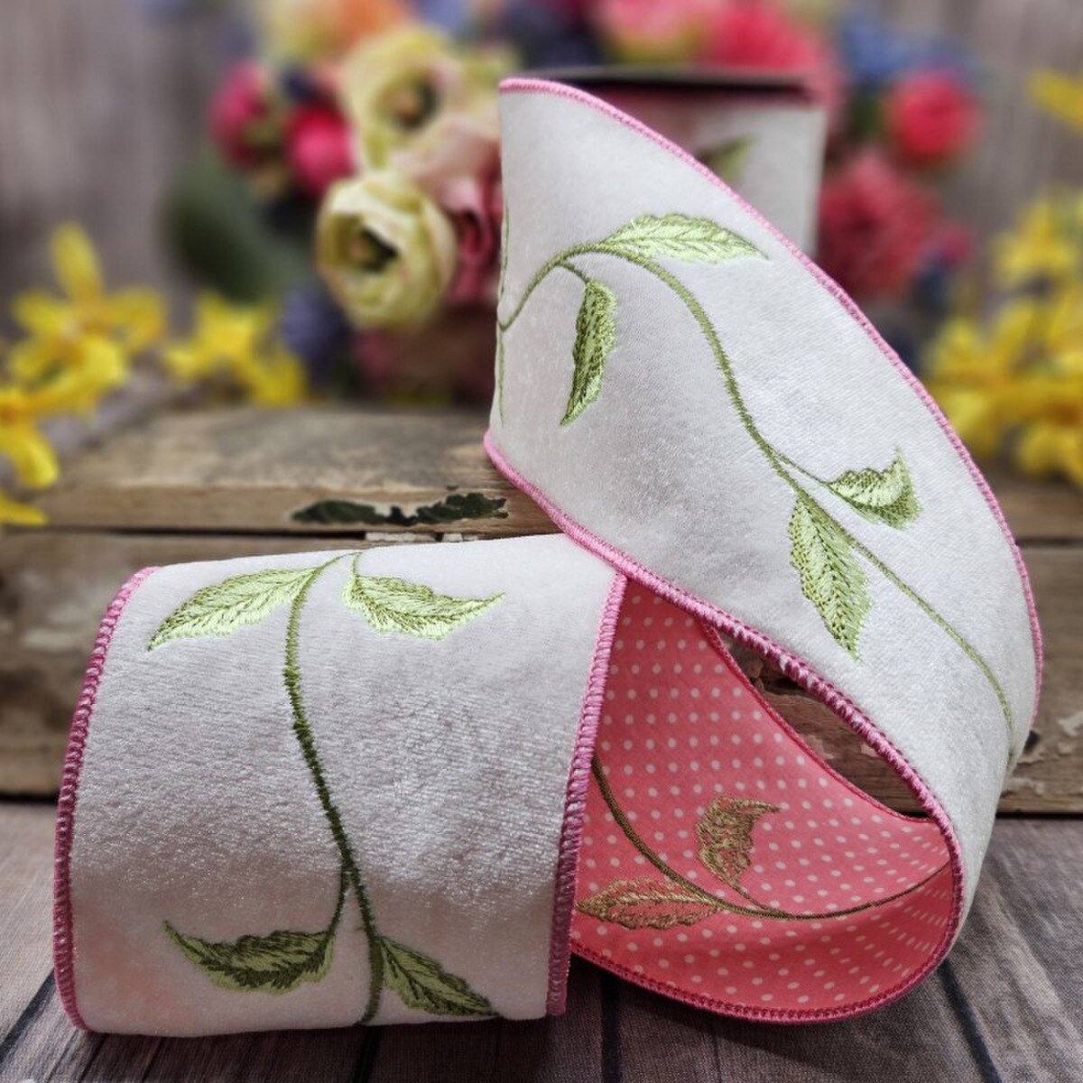 Pink Polka Dot Backing White Ribbon with Velvet Foliage
