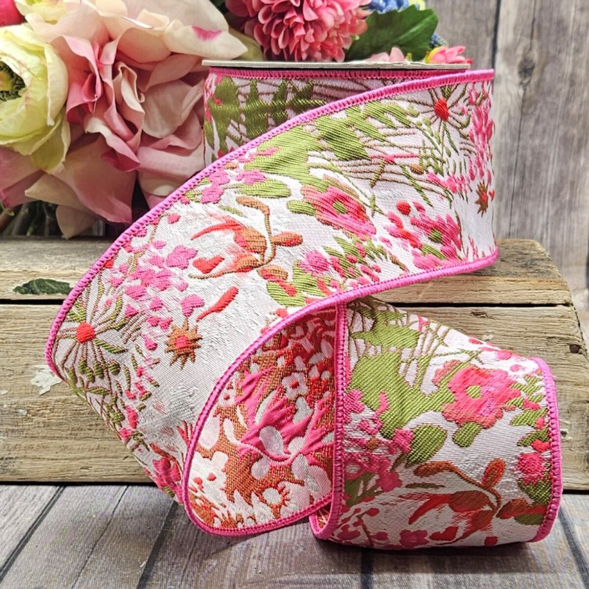 Floral Jacquard Ribbon Pink White Green 3 Inch x 10 Yds