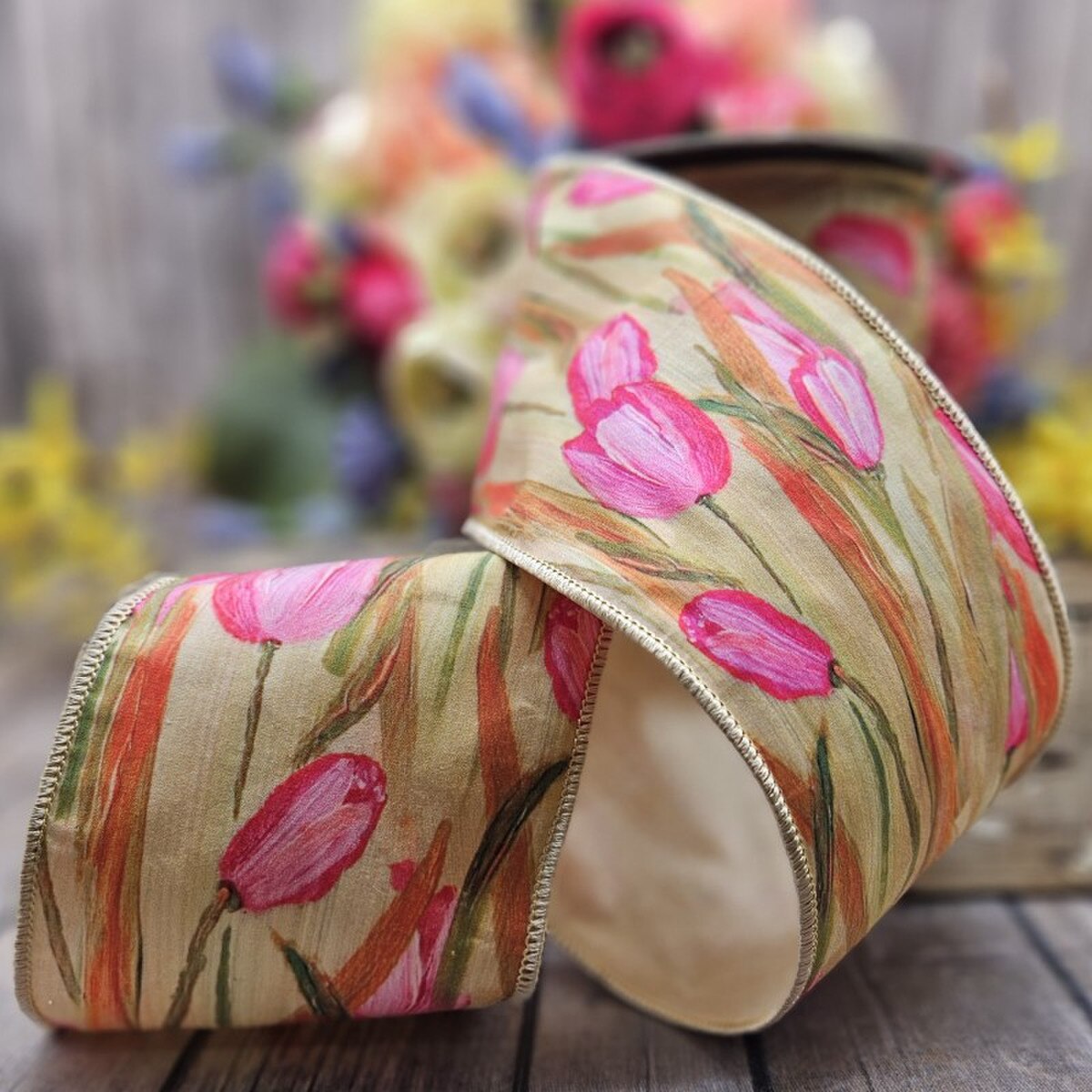 Watercolor Tulips Poplin Ribbon 4" x 10 Yds Pink Green Orange