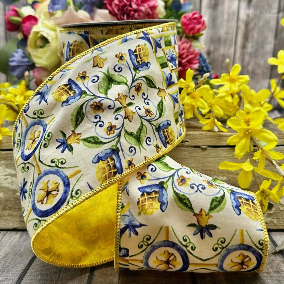 Poplin Tile Ribbon Blue Golden Yellow Green 4" x 10 Yds