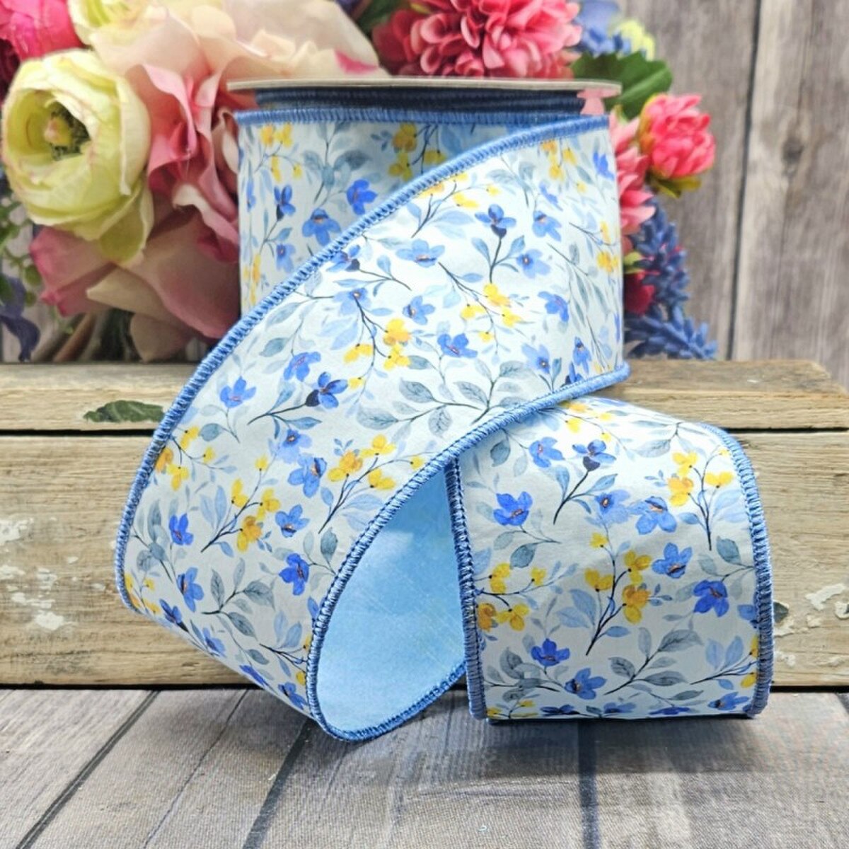 Poplin Ribbon Yellow Blue White 3 Inch x 10 Yards