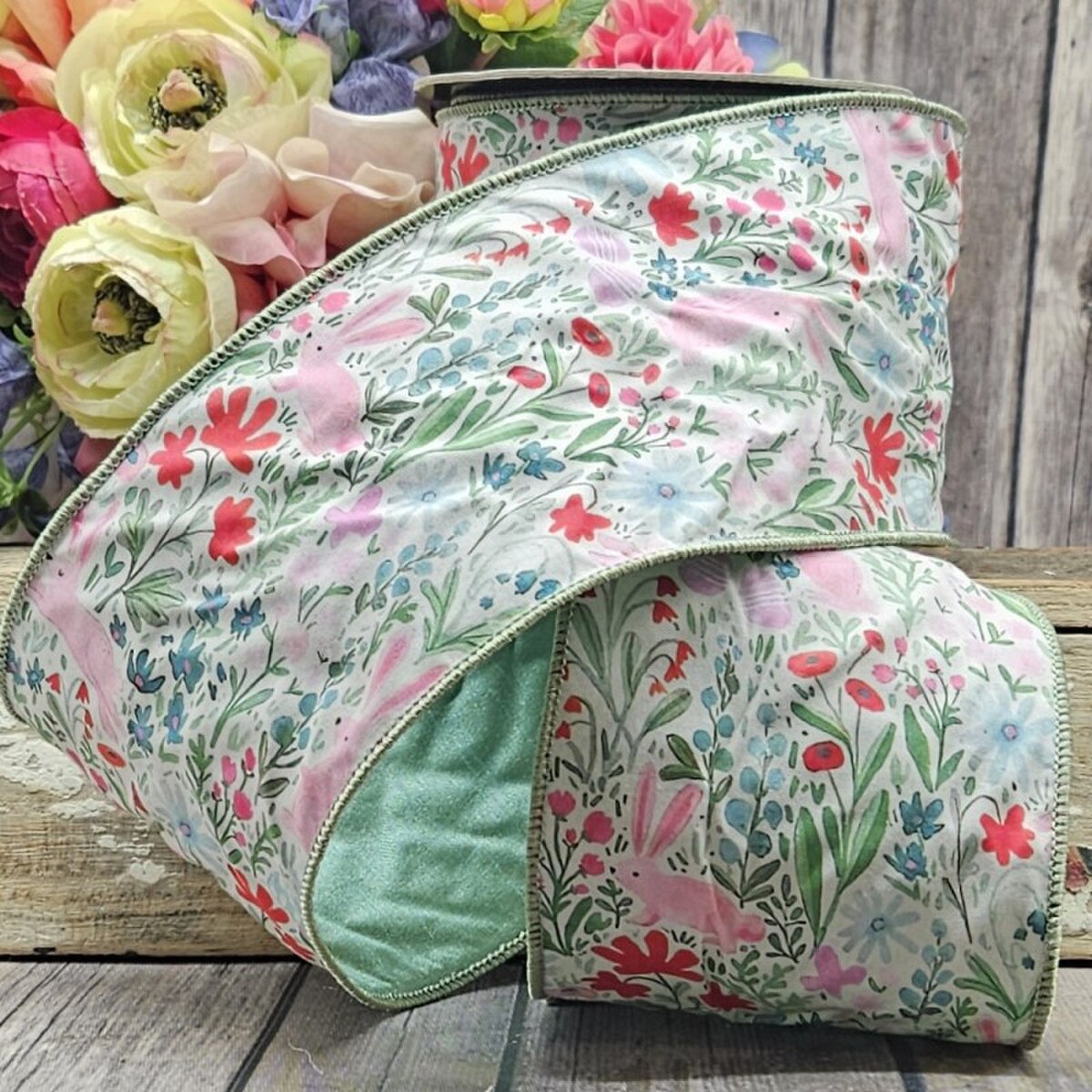 Floral Bunny Poplin Ribbon White Pink Red 4" x 10 Yds