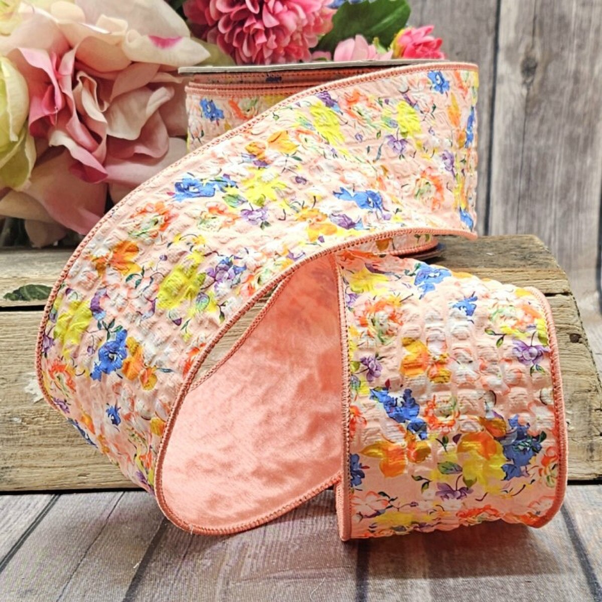 Floral Poplin Ribbon Coral Yellow Blue 3 Inch x 10 Yards
