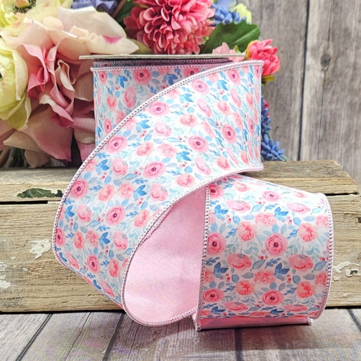 Poplin Ribbon Ranunculus Pink White Teal 3 Inch x 10 Yds