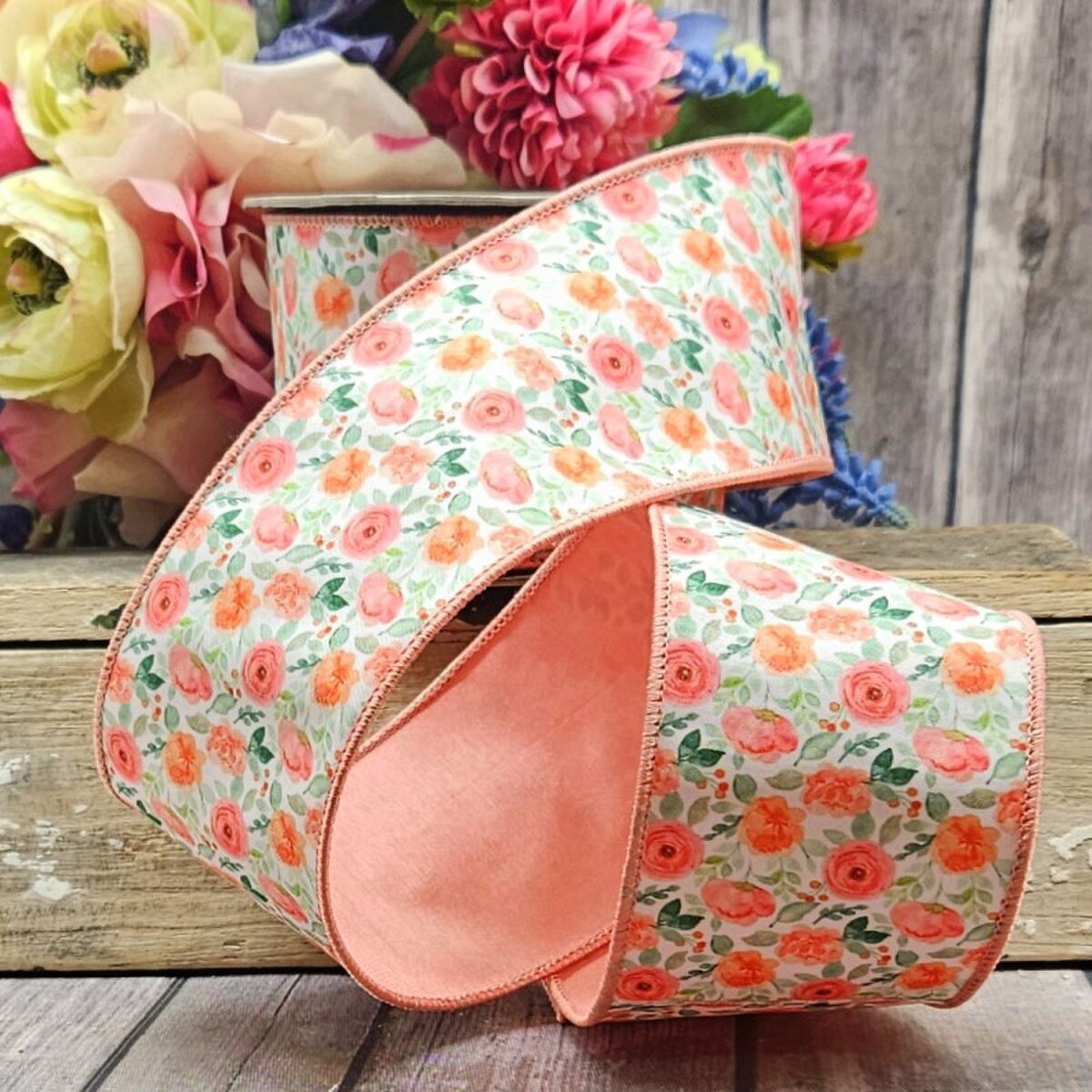 Ranunculus Ribbon Coral Orange Green 3" x 10 Yds