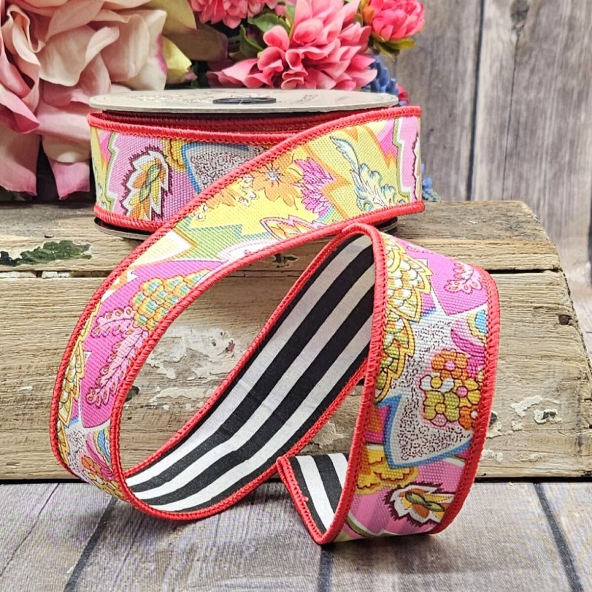 Multi-Color Cotton Floral Paisley Stripe Ribbon 1.5" x 10 Yds