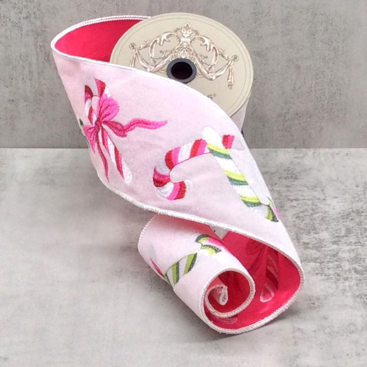 Candy Cane Velvet Embroidery Ribbon Red Pink Green 4" x 5 Yds