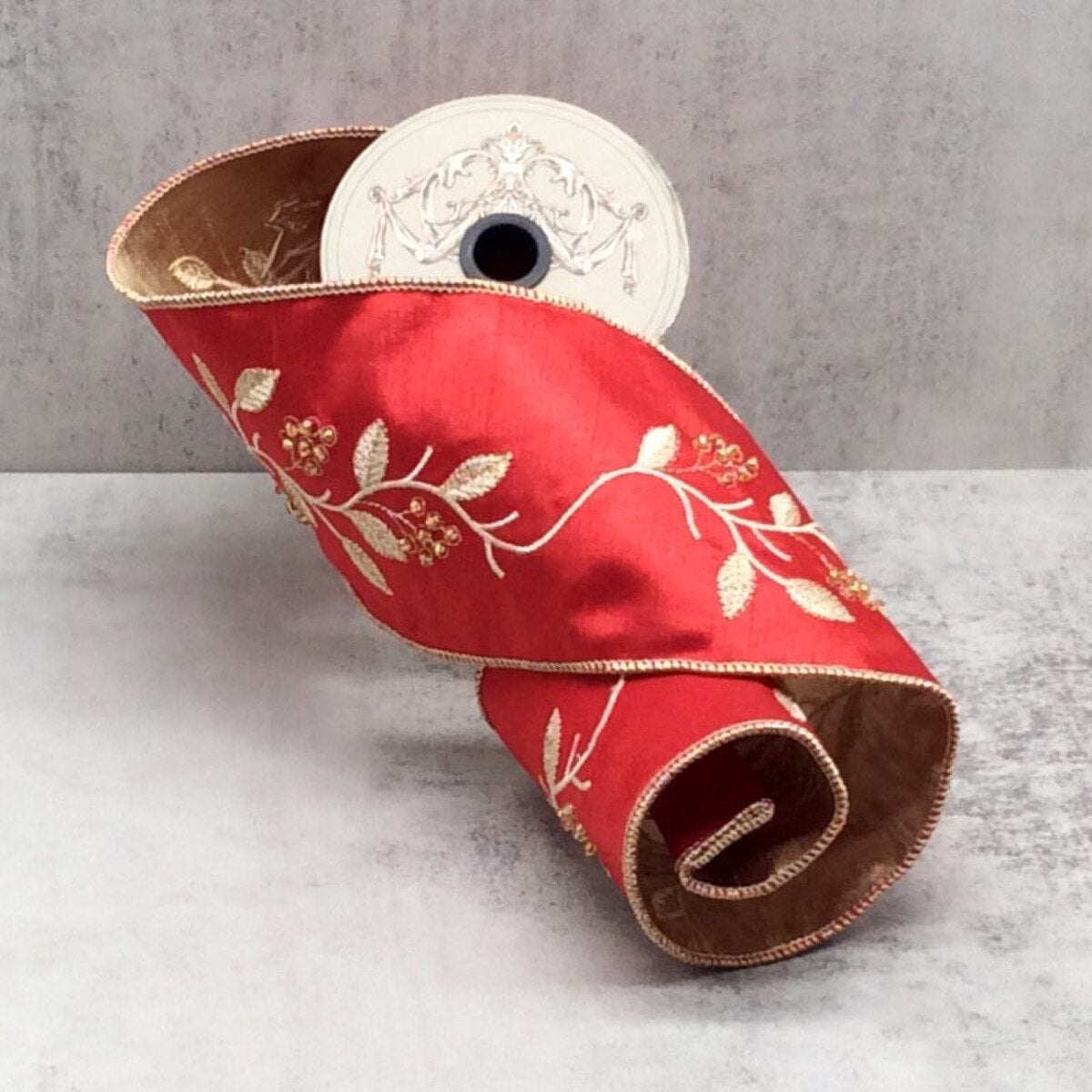 Dupion Ribbon Red Gold Beaded Berries 4" x 5 Yds