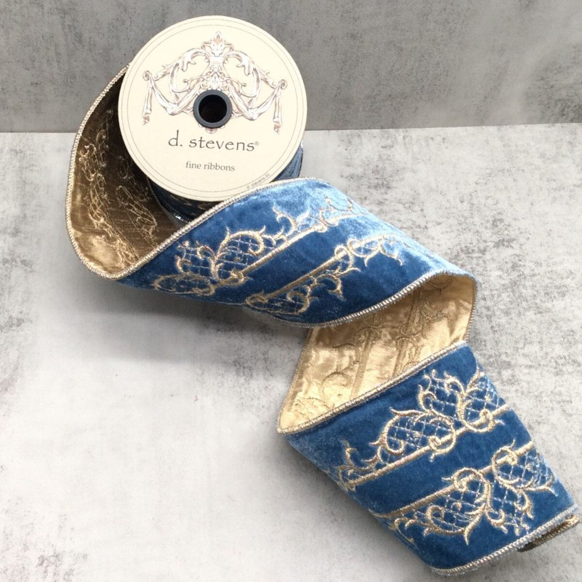 Dusty Blue Velvet Gold Trellis Scroll Embroidery Ribbon