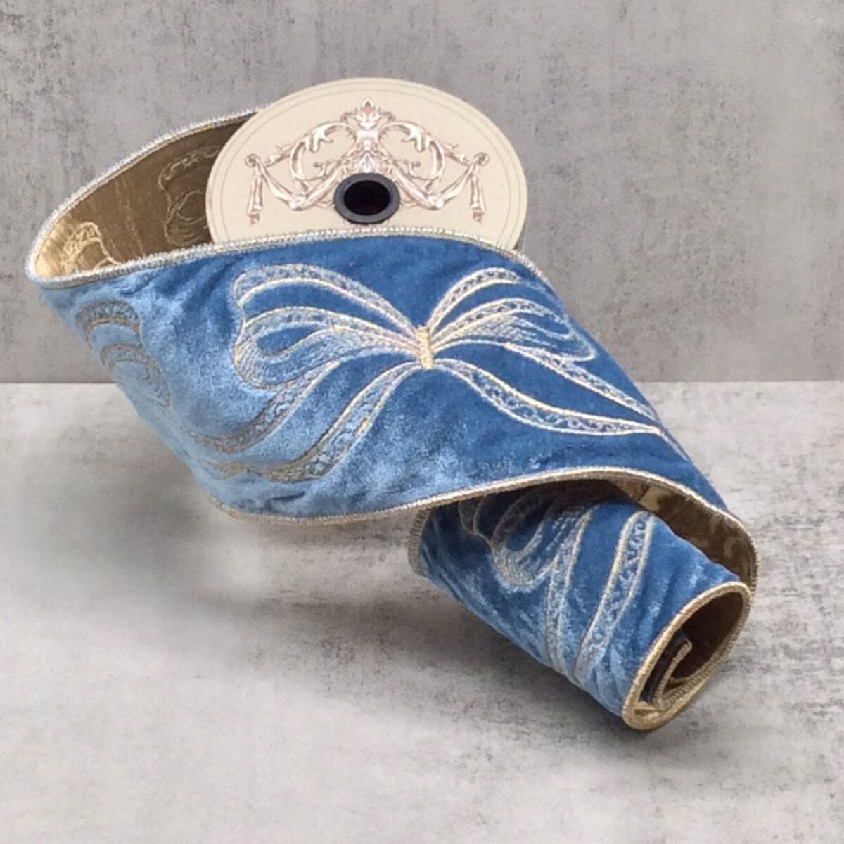 Dusty Blue Velvet Ribbon with Gold Embroidery Bows