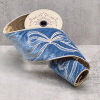 Dusty Blue Velvet Ribbon with Gold Embroidery Bows
