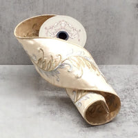 Dupion Ribbon with Gold Silver Fern Fronds, Ivory, 4