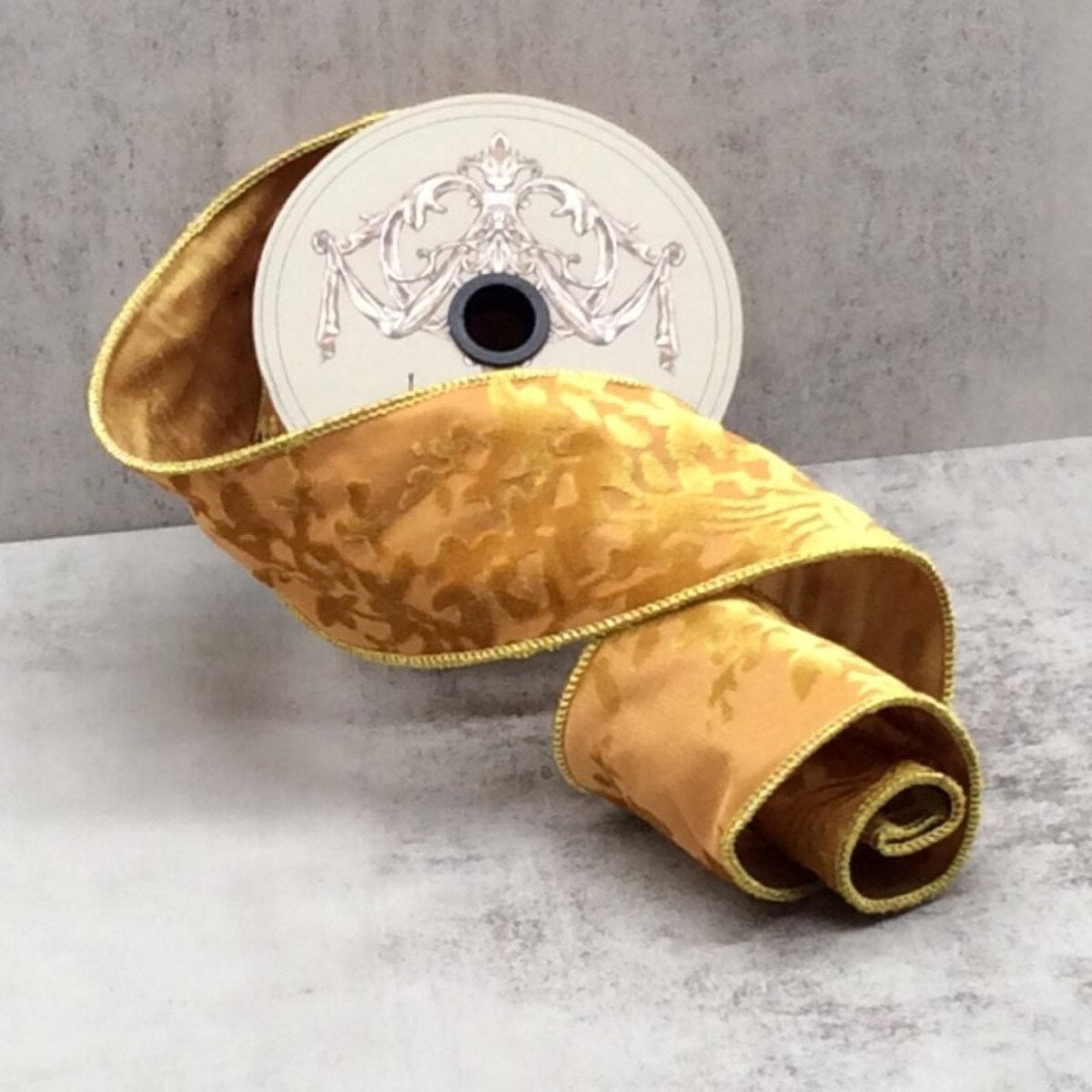 Gold Burn Out Velvet Liriope Ribbon 2.5" x 10 Yds