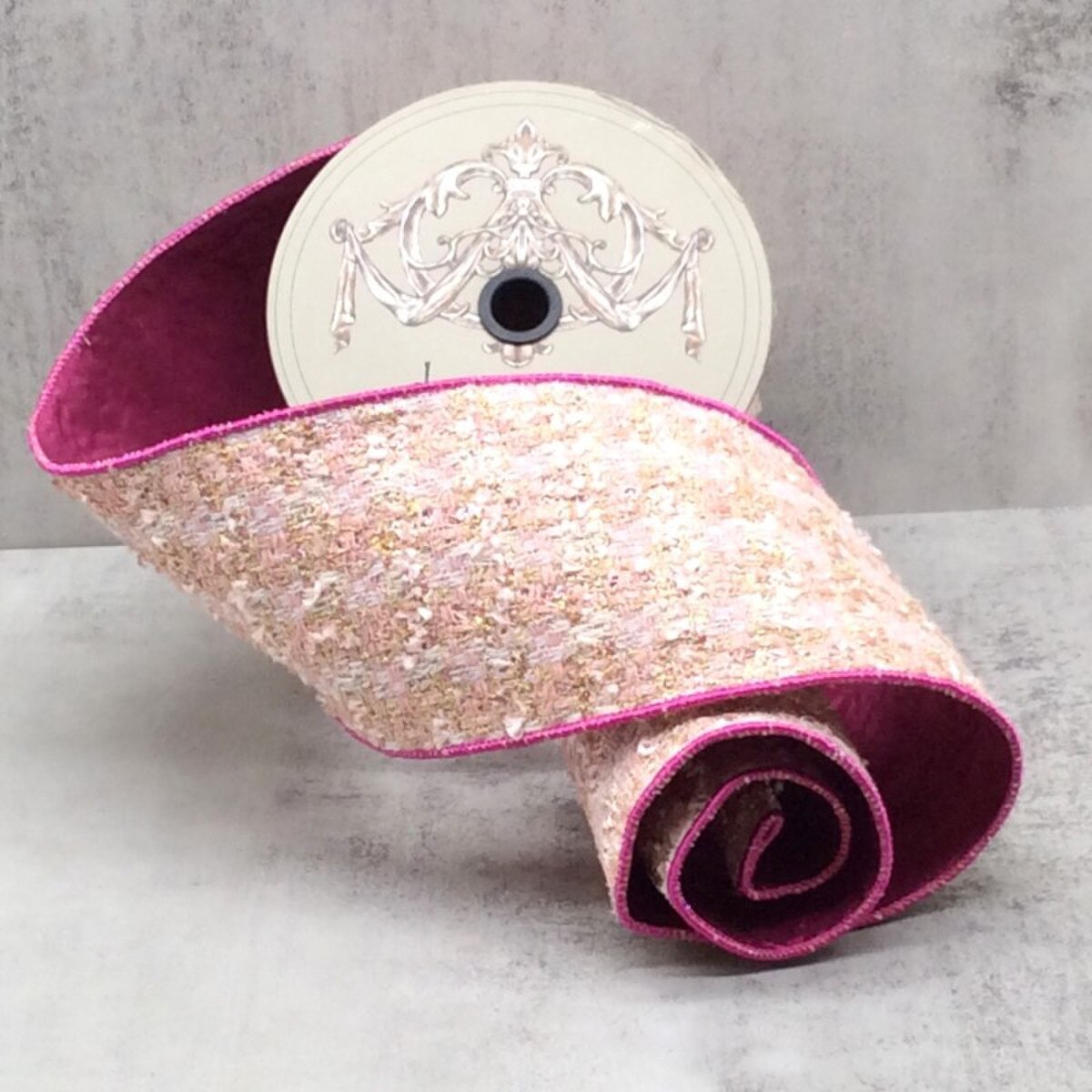 Plaid Chenille Tweed Boucle Ribbon Pink White Gold 4" x 10 Yds