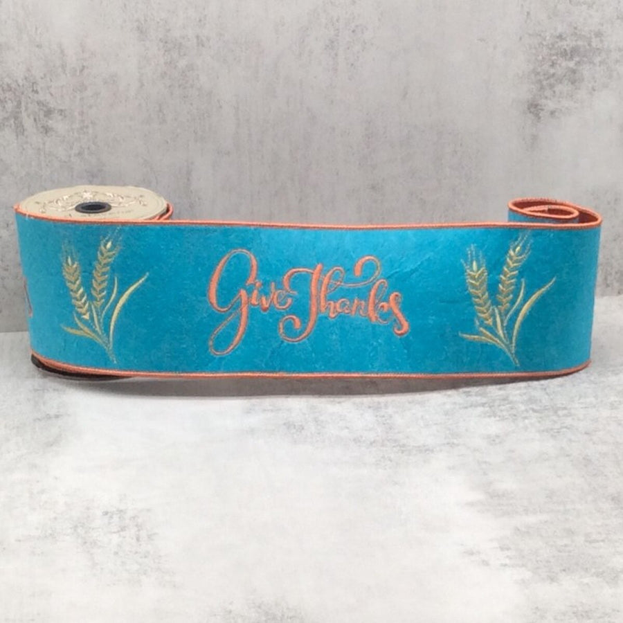 Give Thanks Pumpkin Felt Embroidery with Teal Ribbon 4" x 5 Yds