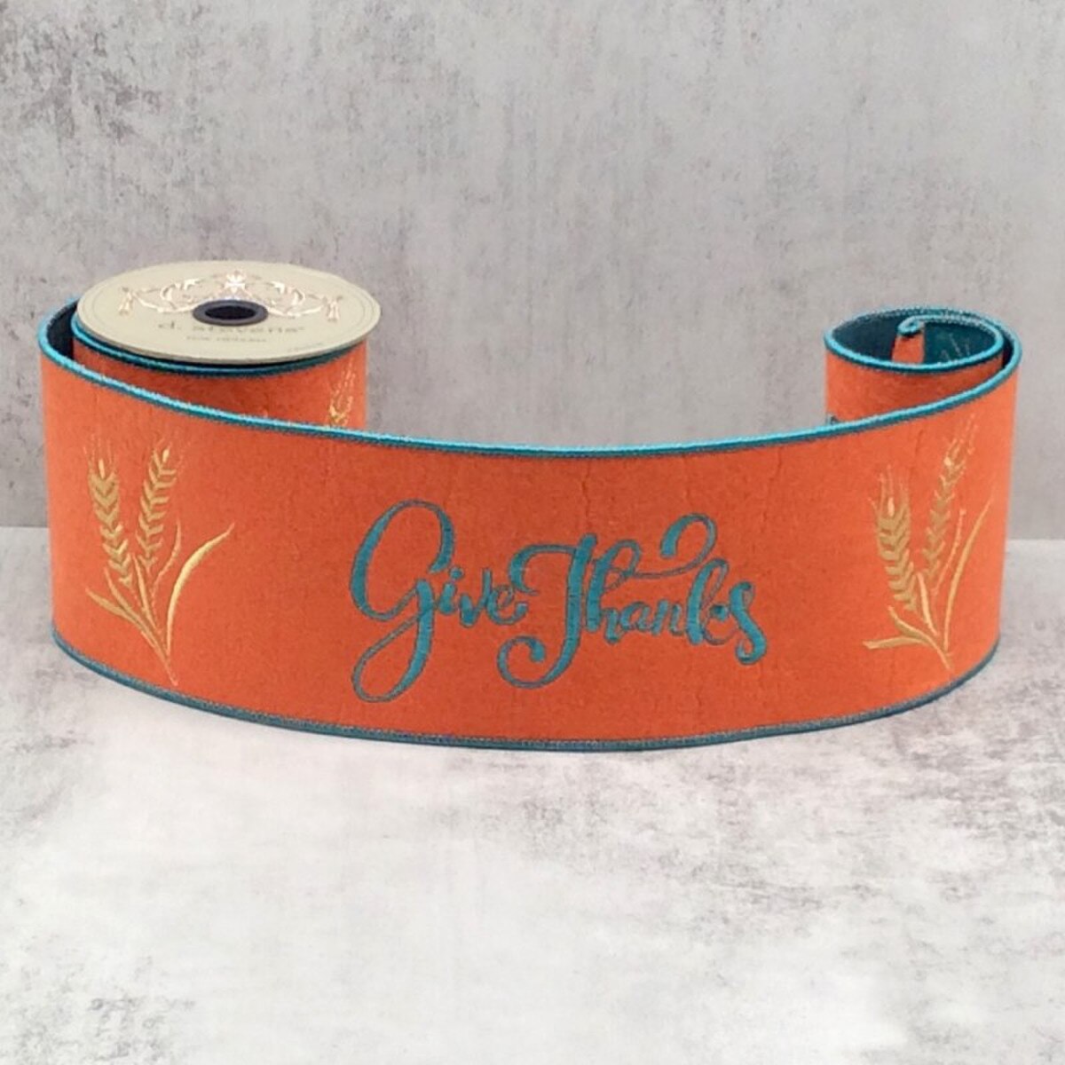 Teal Orange Ribbon Felt Embroidery Give Thanks 4" x 5 Yds
