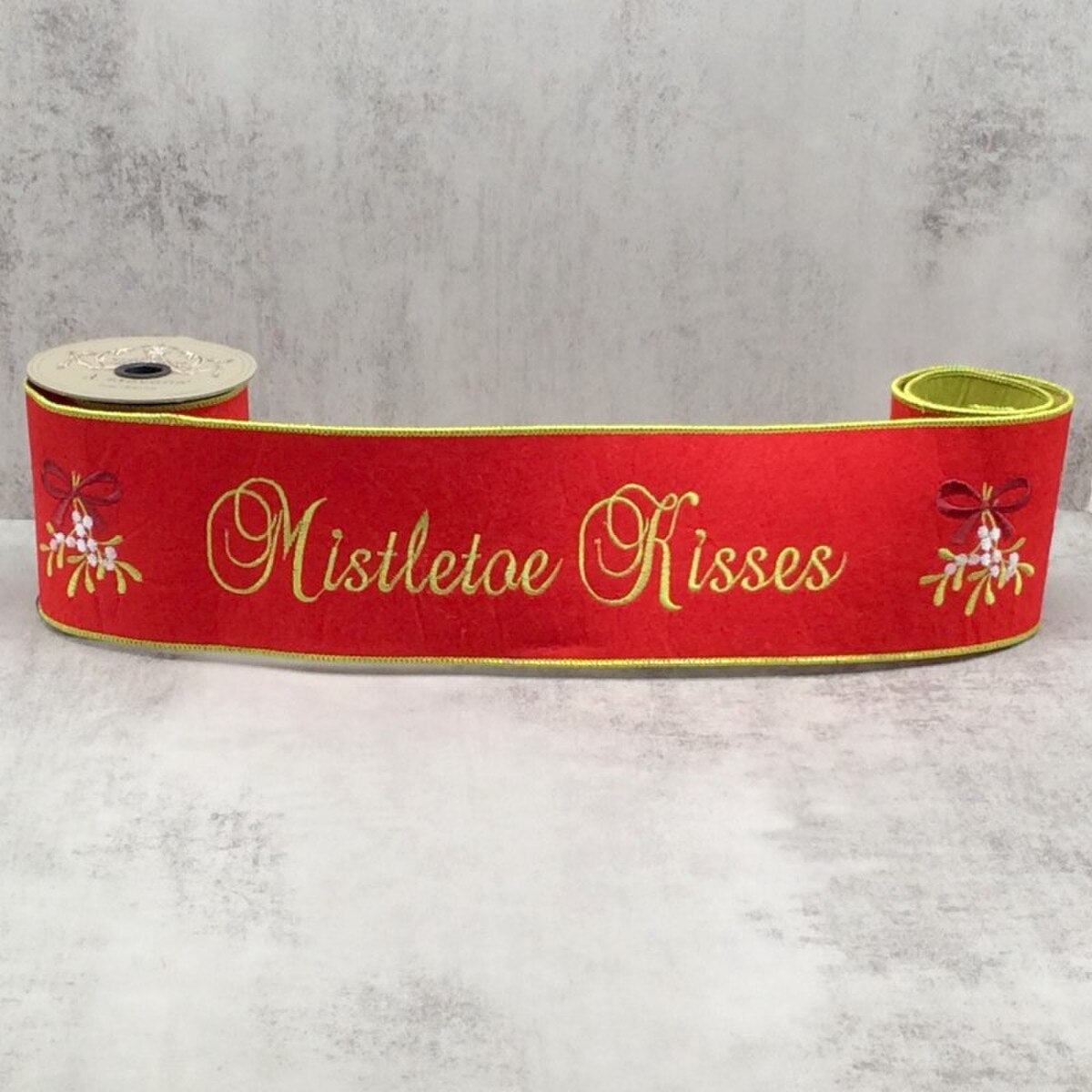 Mistletoe Kisses Felt Embroidery Lime Green Red Ribbon