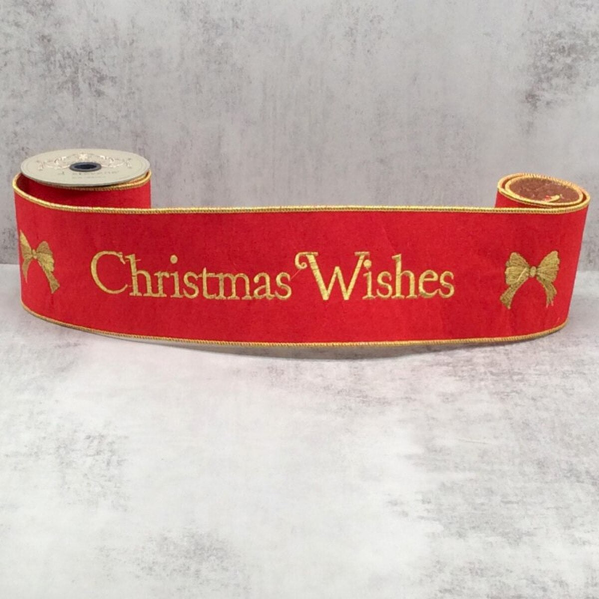 Gold Red Ribbon Felt Embroidery Christmas Wishes 4" x 5 Yds