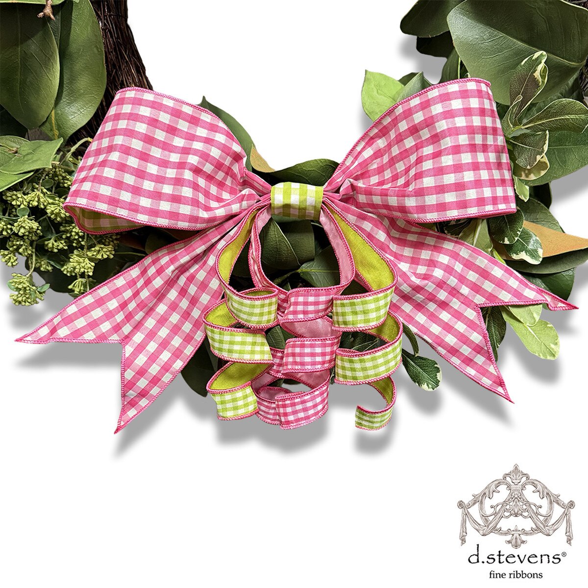 Faux Linen Pink White Check Bow 16 Inch With Lime Backing