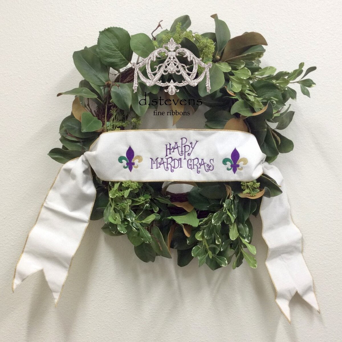 Mardi Gras Velvet Embroidery Ribbon White Purple Green 6" x 70"