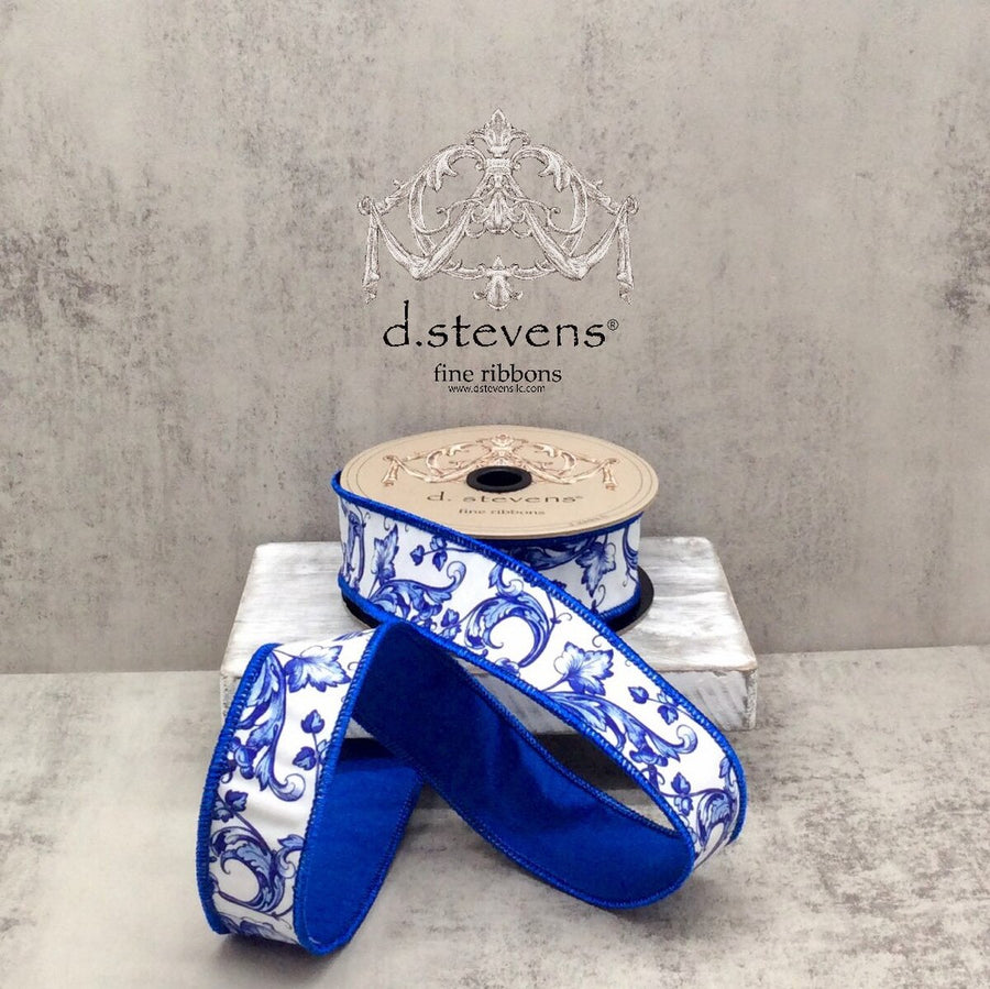 Chinoiserie Blue White Taffeta Acanthus Scroll Ribbon