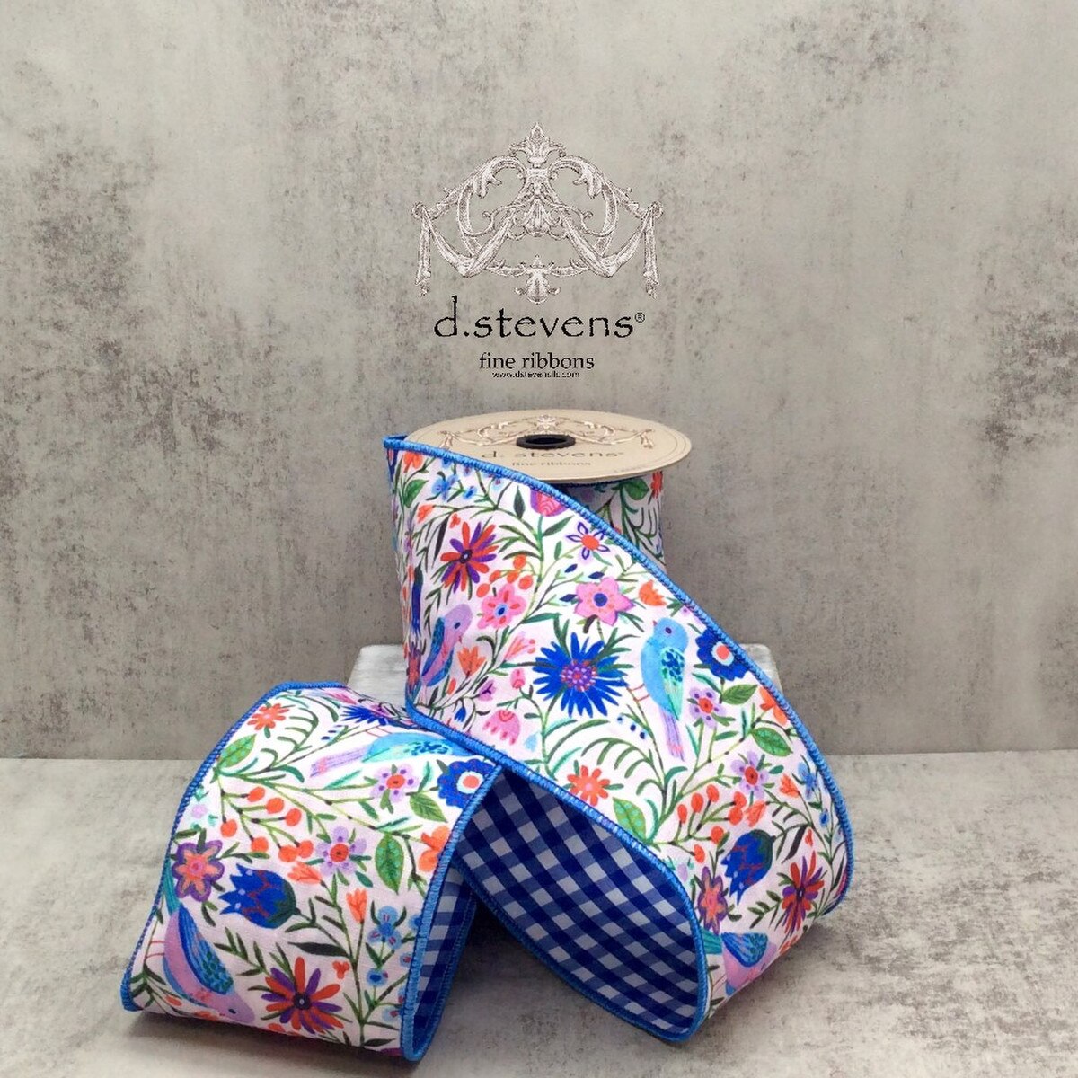 Linen Spring Flowers Birds Check Back Ribbon Blue Pink Orange