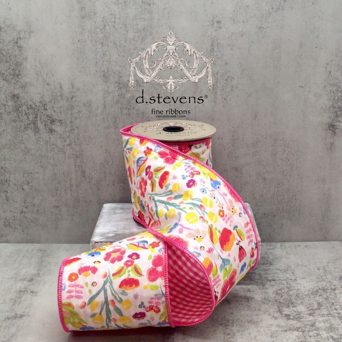 Floral Check Poplin Ribbon in Pink Yellow Blue 4" x 10 Yds