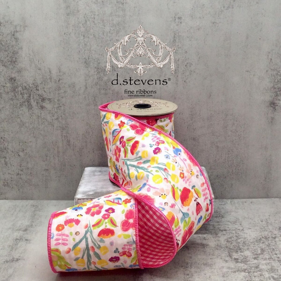Floral Check Poplin Ribbon in Pink Yellow Blue 4" x 10 Yds