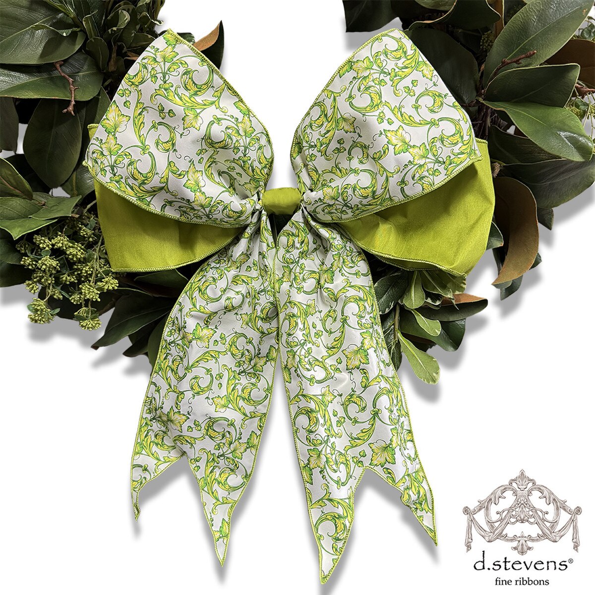 Chinoiserie Lime White Taffeta Bow Ribbon 6" x 18"
