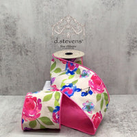 Abstract Roses Poplin Ribbon in Pink Blue Green, 4