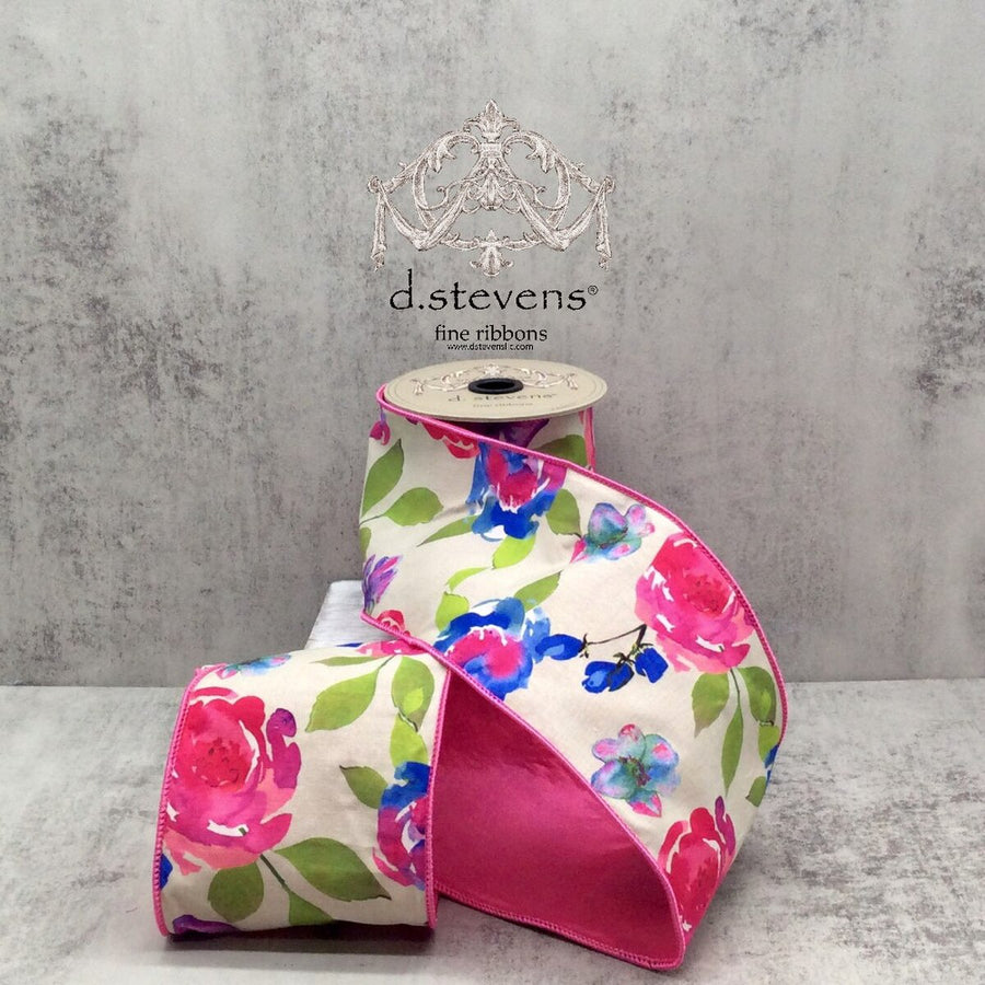 Abstract Roses Poplin Ribbon in Pink Blue Green, 4" x 5 Yds
