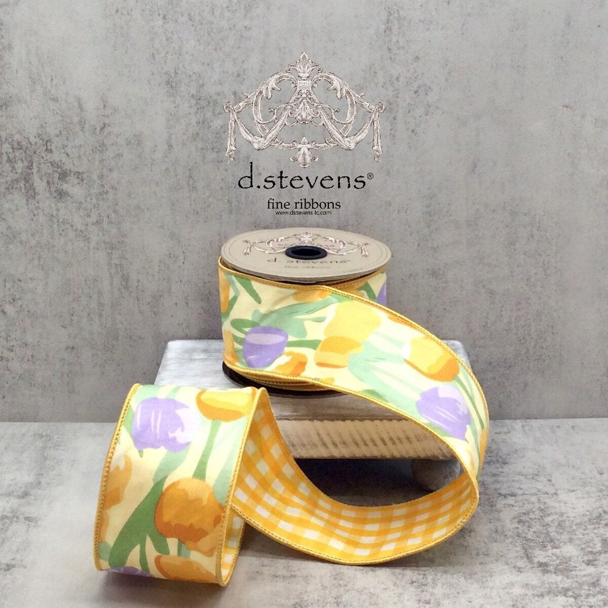 Yellow Lavender Watercolor Tulip Check Back Poplin Ribbon