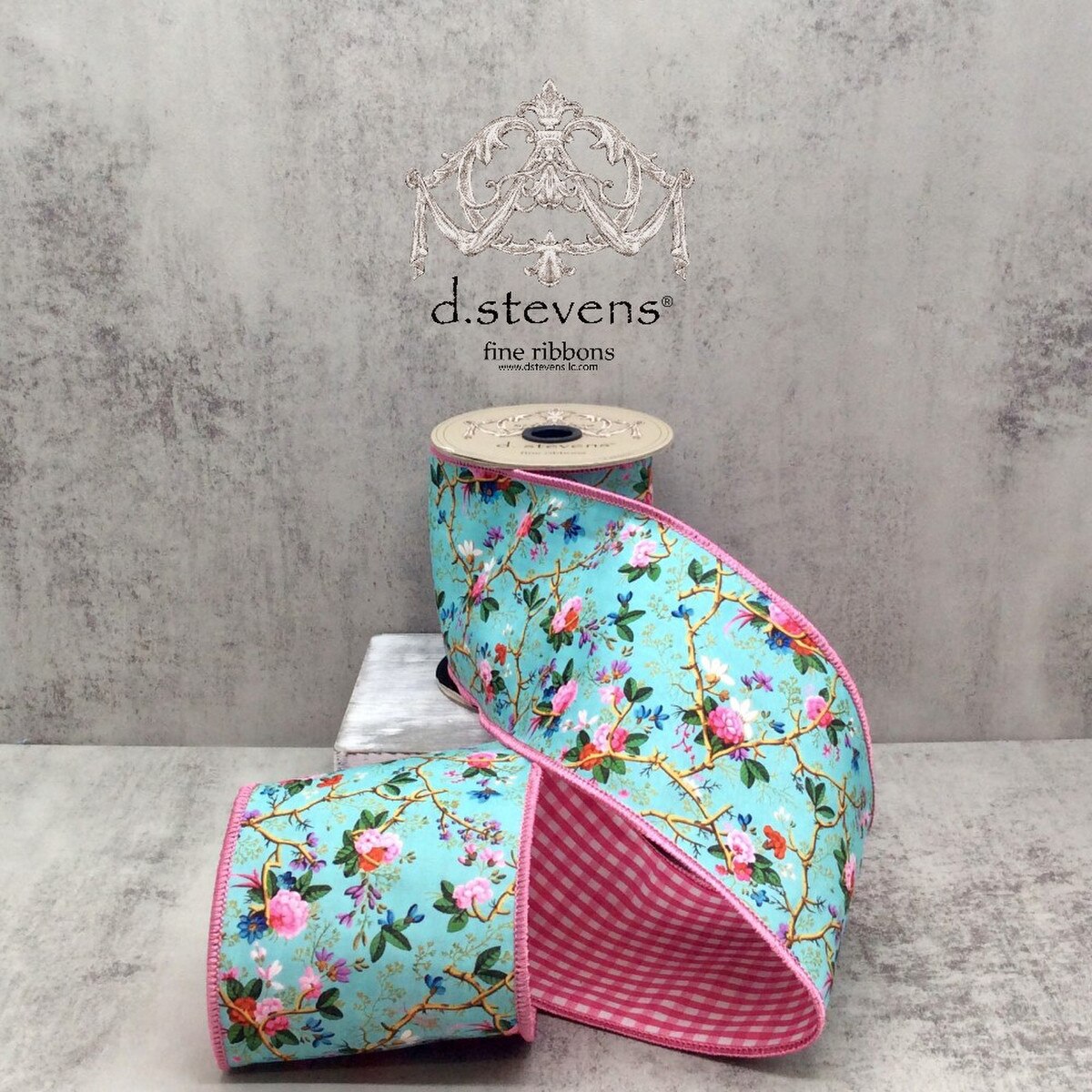 Floral Branches Ribbon Light Blue Pink Lavender 4" x 5 Yds