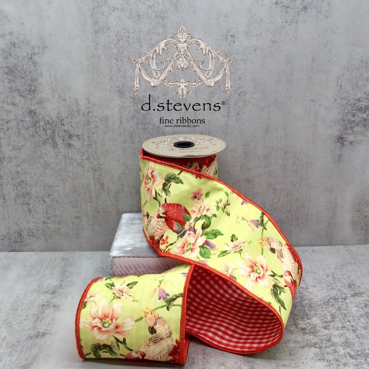 Floral Chartreuse Coral Pink Poplin Ribbon 4" x 5 Yds